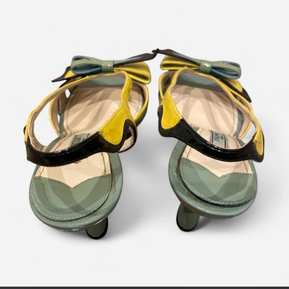 SS12 Hot Rod Prada Yellow, Sage Green & Black Patent Leather Bow Slingback Heels - Picture 7 of 7